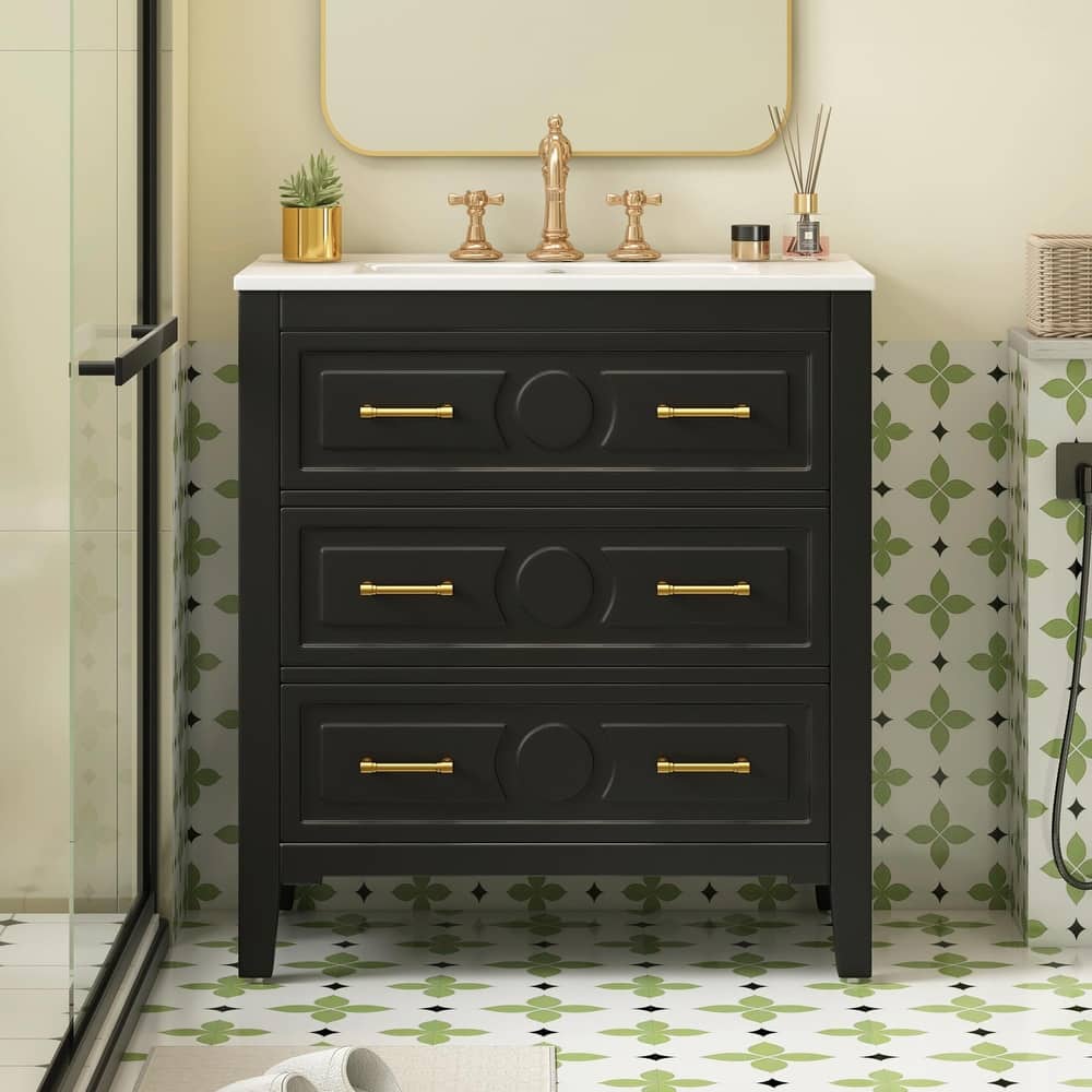 30'' Free Standing Bathroom Vanity Set with Ceramic Sink, 3 Drawers & Solid Wood Frame
