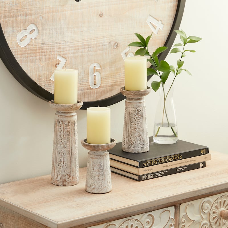 Wood Floral Handmade Intricate Carved Pillar Candle Holder - Set of 3 White - Roche River Decor - 4"W x 4"L x 10"H