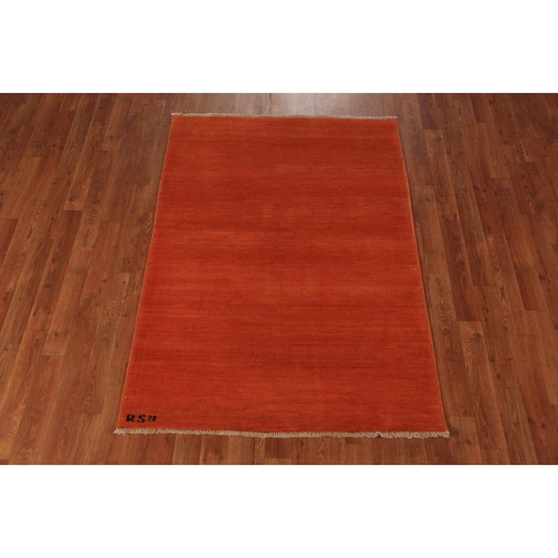 Orange Gabbeh Modern Rug Hand-Knotted Tribal Wool Carpet - 3'5" x 4'10"