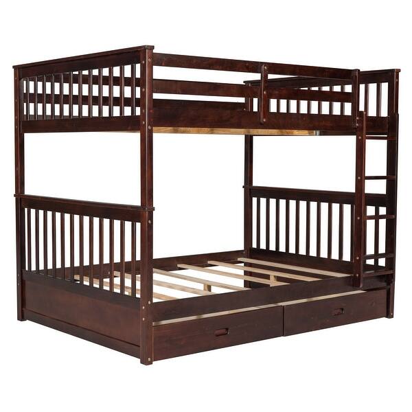 slide 2 of 14, Full Over Full Wood Bunk Bed with Build-In Ladder,Storage Drawers Under-Bed Espresso
