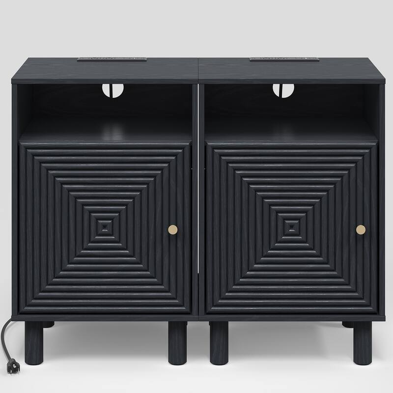 Nightstand Set of 2 with Charging Station and Solid Wood Legs