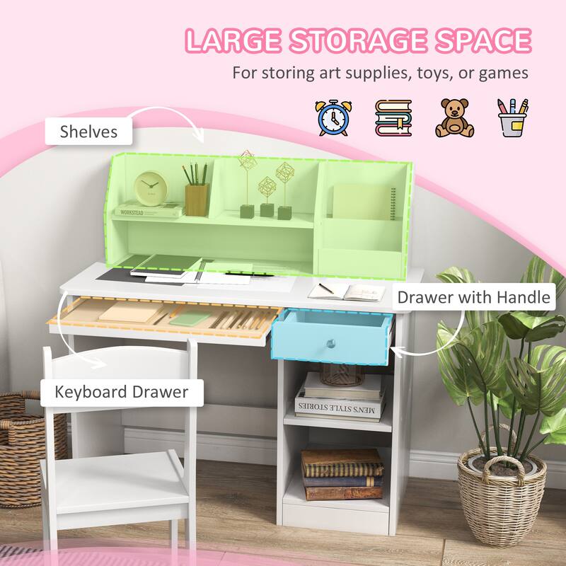 Modern Kids Desk and Chair Set with Storage Compartments and Single Drawers and Laminated drawer for Study Room and Bedroom