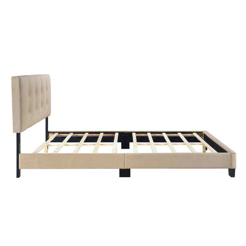 Queen Platform Bed with Adjustable Height Headboard, Light Brown Velvet Upholstery, Solid Wood Frame