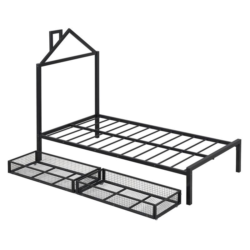 Twin Size Metal Platform Bed with House Design and 2 Storage Drawers