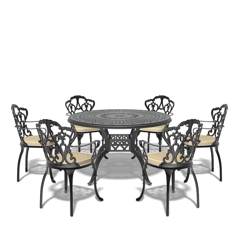 5/7-Piece Cast Aluminum Outdoor Dining Set with 47.24 in. Round Table and Seat Cushions