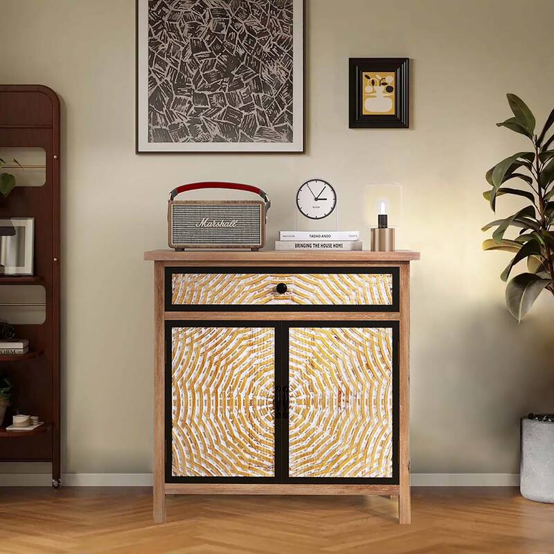 Natural Wood 30.71 in. H Storage Cabinet with Drawers and Doors - 29.53" x 14.17"