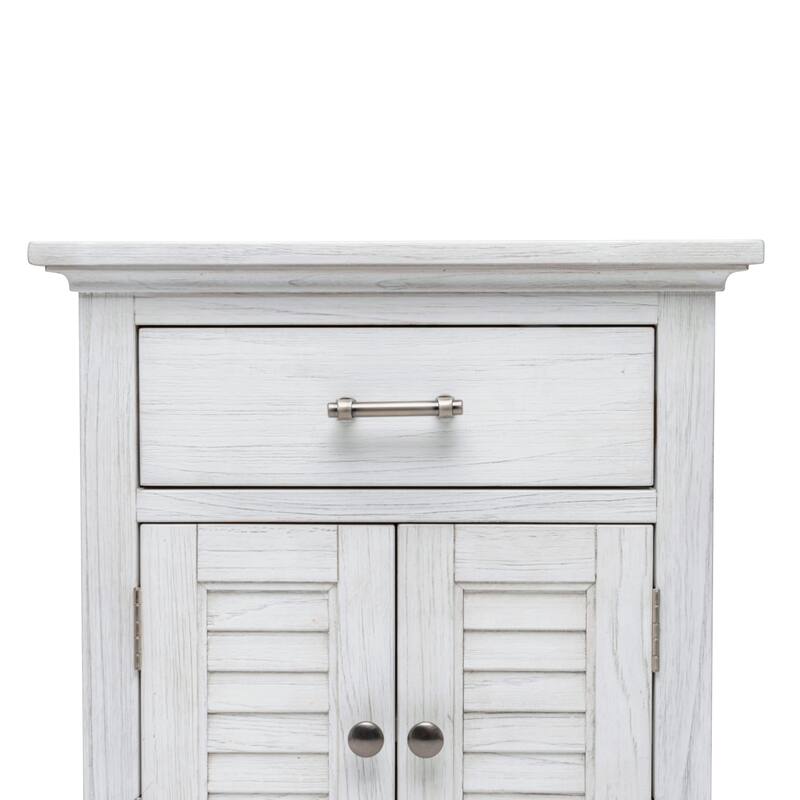 HomeRoots 28" White Solid Wood Distressed Plantation Shutter One Drawer Nightstand With USB Port