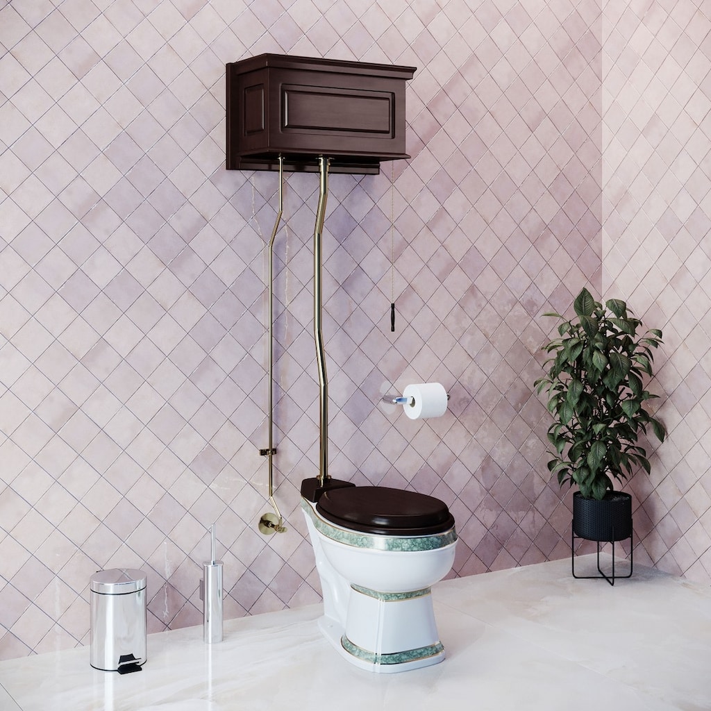 High Tank Pull Chain Toilet Dark Oak Wooden Raised Tank 59" to 74" Brass Z Pipe and Elongated White Bowl Renovators Supply