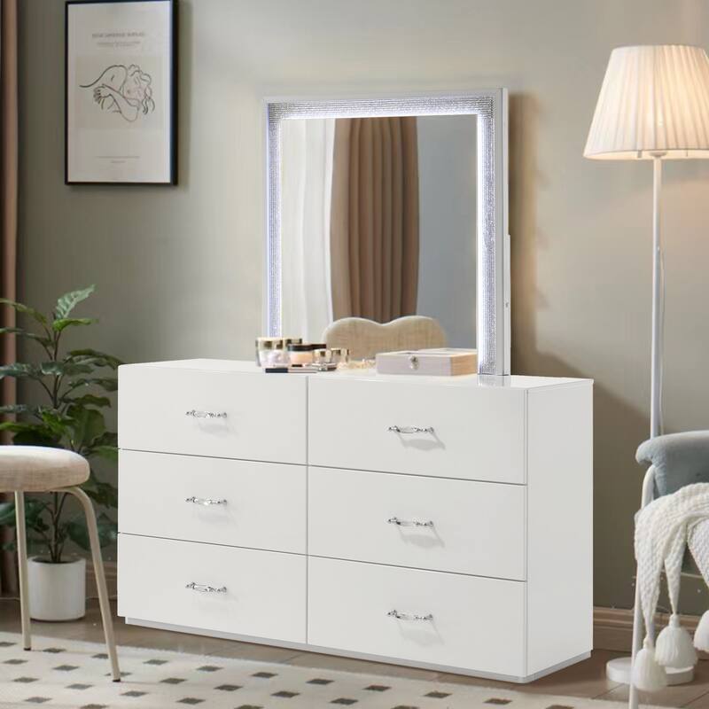 Modern White 61.5-inch Width Simple Design Six Drawers Nightstand with Acrylic Drawer Handles