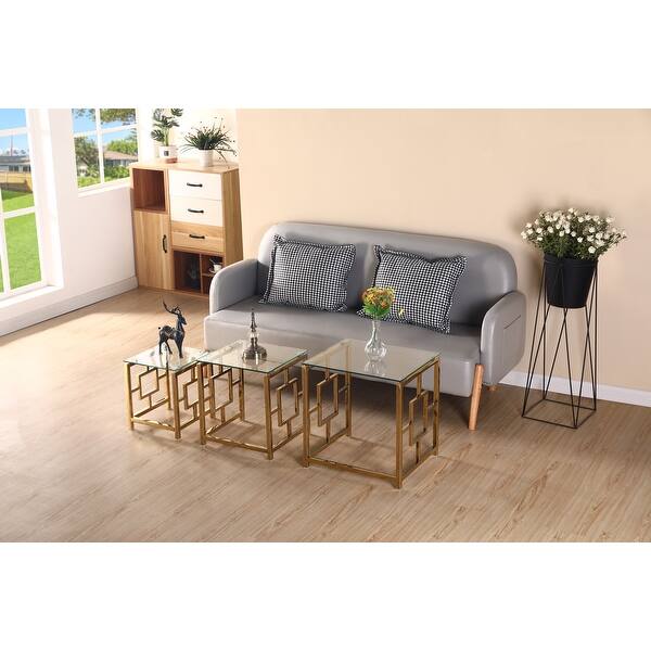 3Pieces Gold Square Nesting Glass End Tables Small Coffee Table Set