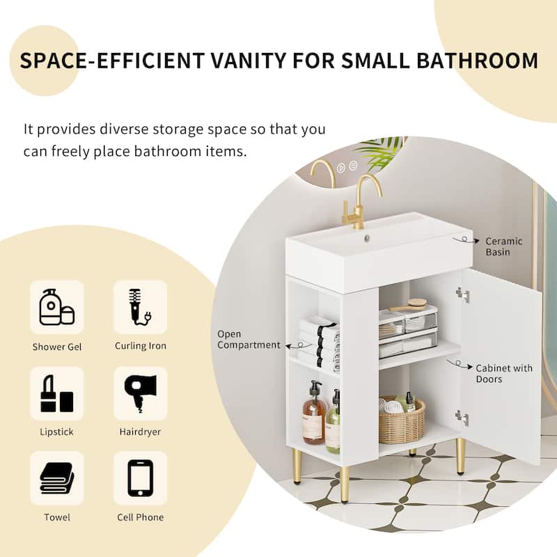 Small Bathroom Vanity with Sink, Narrow Depth Bathroom Vanities, Bathroom Cabinet with Open Side Shelves & Soft Closing Door