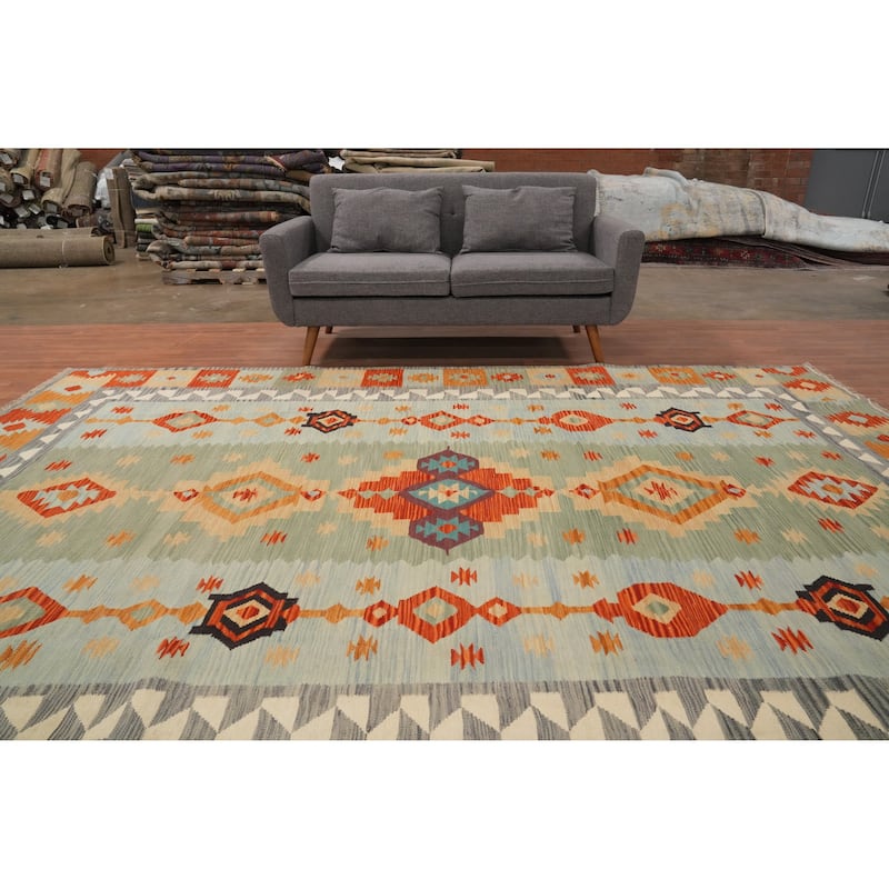 Hand Woven Oriental 100% Wool Carpet Southwestern Tribal Multi-Colored Kilim Area Rug - 11' 3'' X 8' 3''