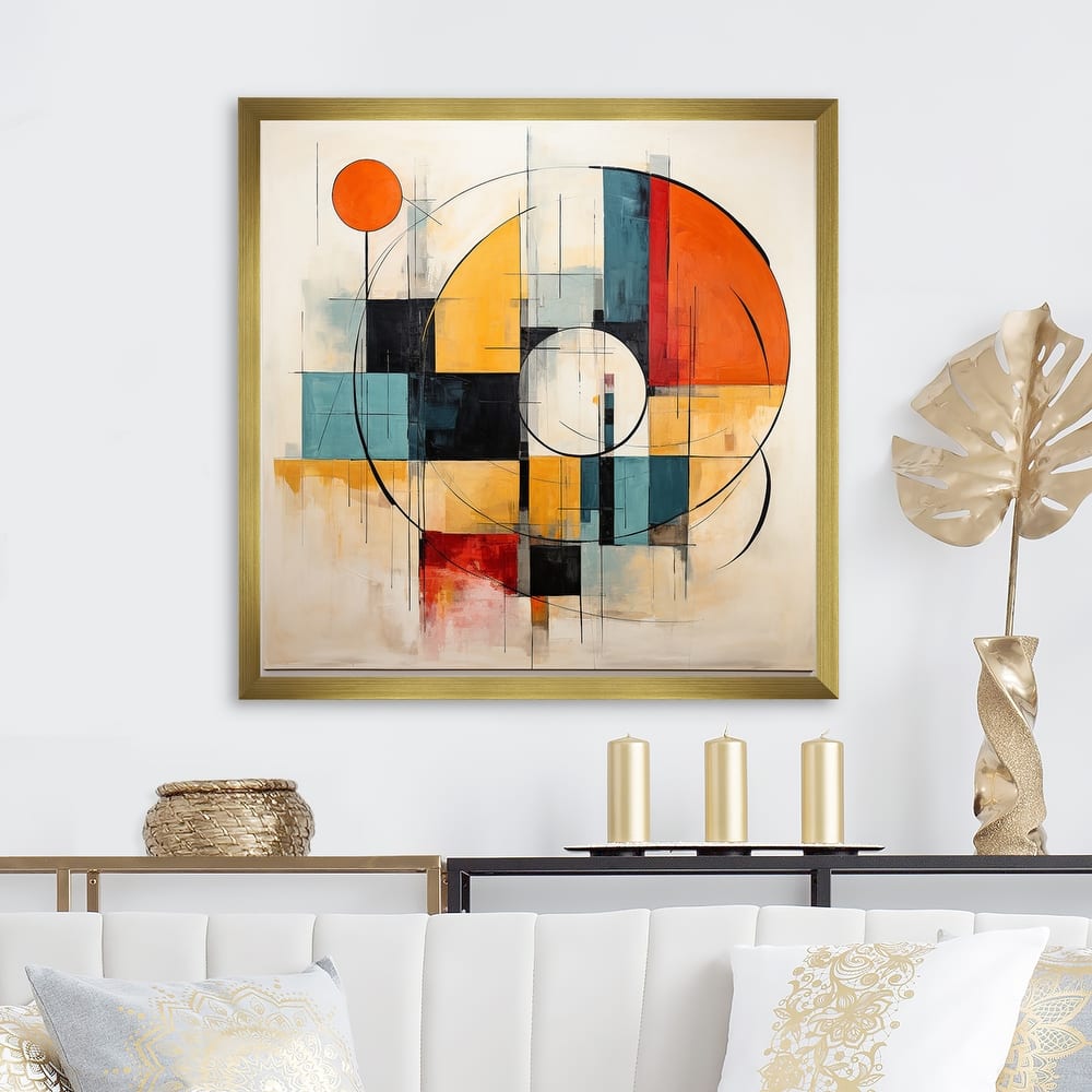 Designart "Blue Orange Mid Century Geometric Abstractions II" Mid-century Framed Wall Art Living Room