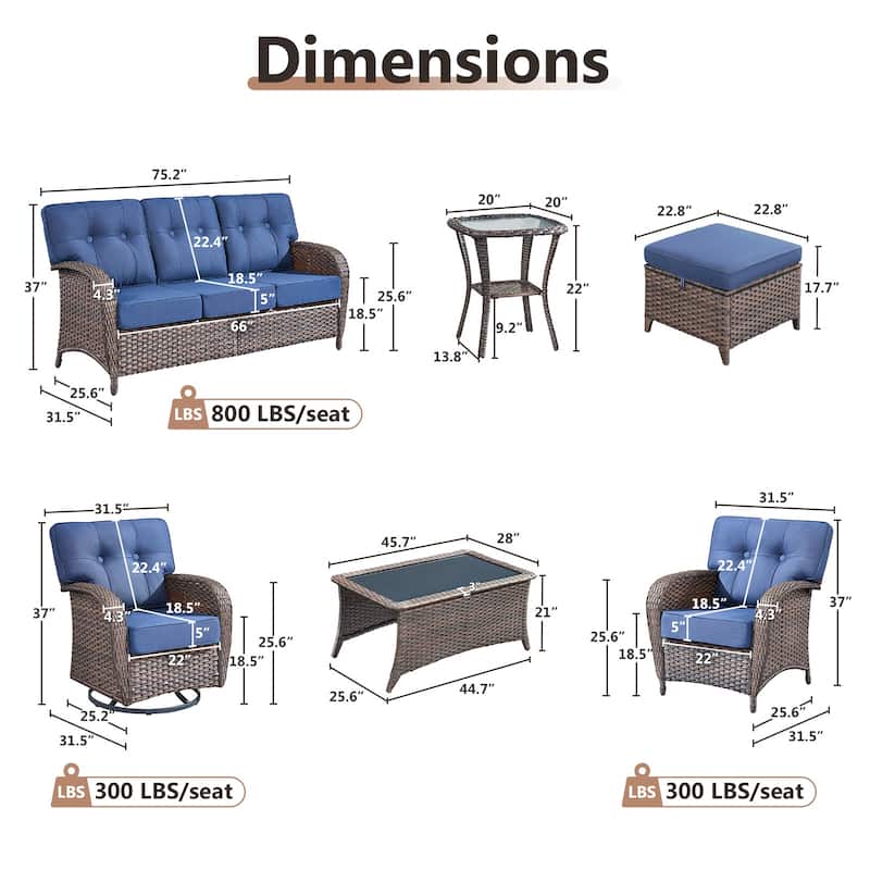 TWrap 9-Piece Patio Brown Wicker Sofa Conversation Set with 5-Inch Thick Cushions