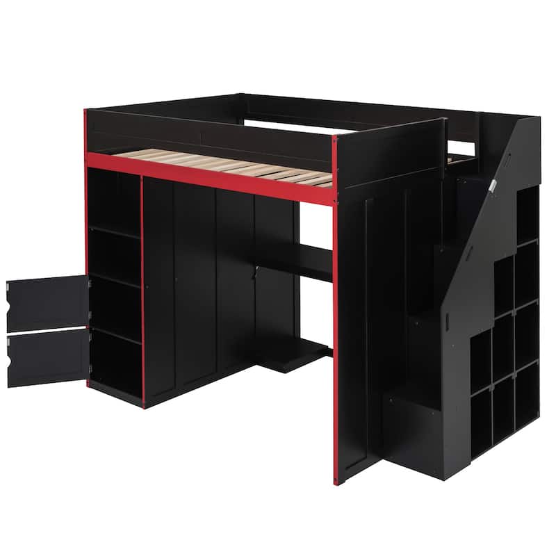 GDFStudio - Wooden Loft Bed with LED Desk, USB Ports and Dual Storage Drawers