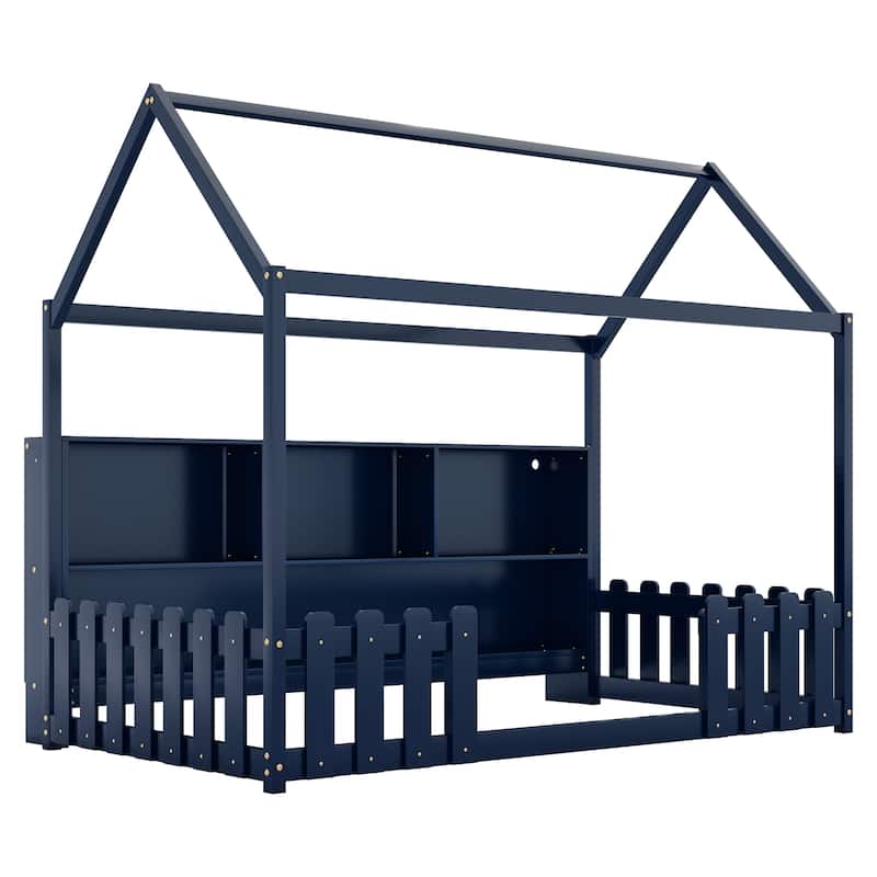 Twin Size House-shaped Bed Frame with Storage Bookshelf Built-in Lighting Strip for Kids Toddler Floor Bed with Wooden Fences
