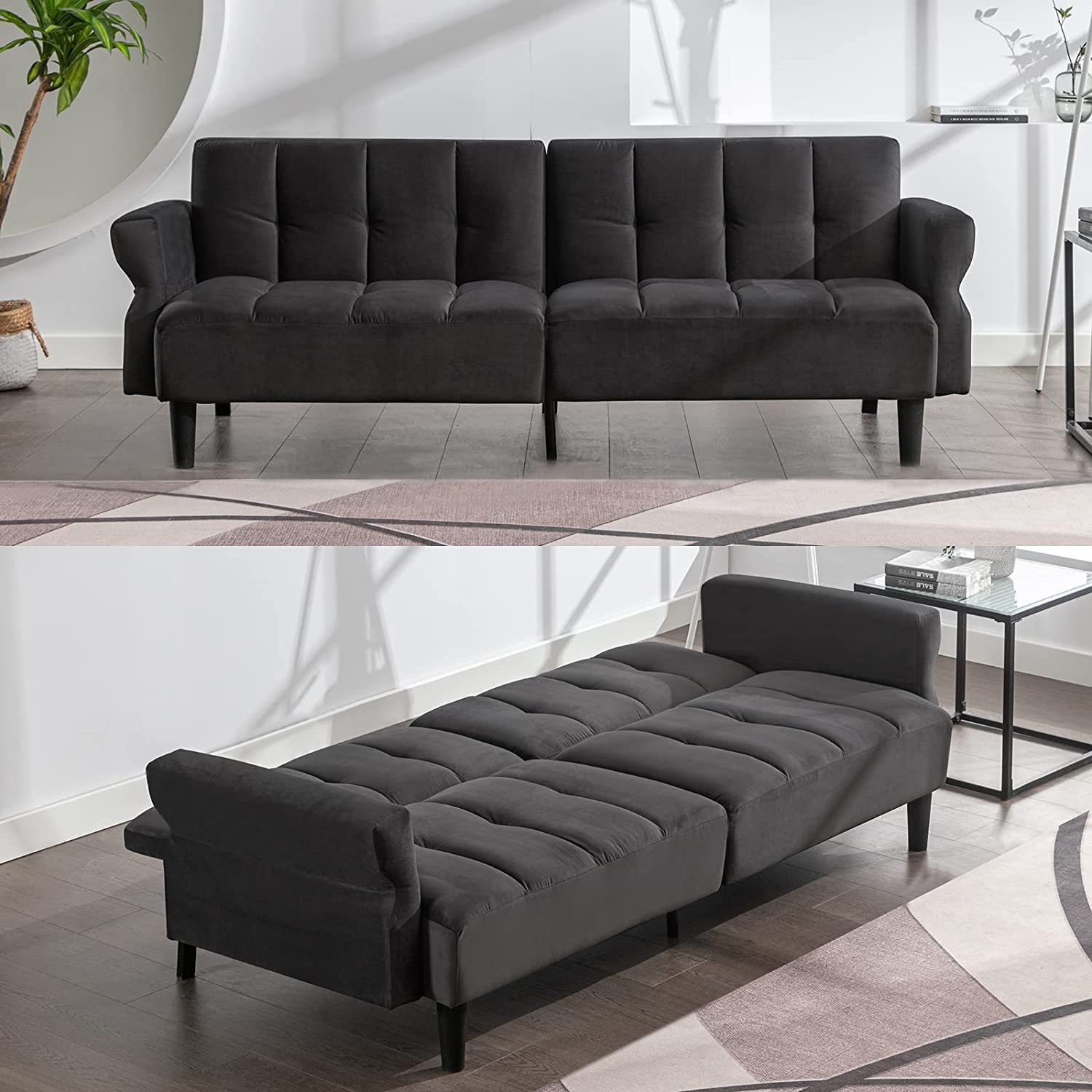 Mixoy Convertible Futon Sofa Bed Modern Velvet Loveseat Couch