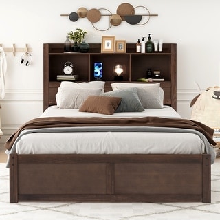 Full Size Storage Platform Bed with Trundle and Pull-Out Shelves, Espresso