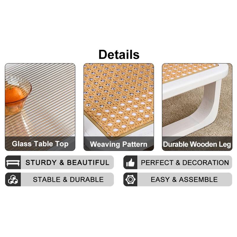 Minimalist White Double Layered Solid Wood Coffee Table Glass Tabletop