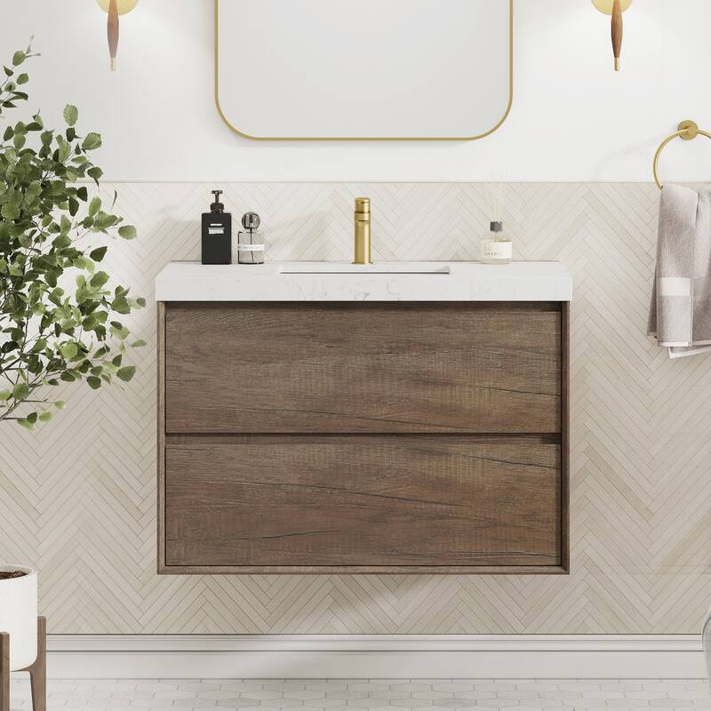 Sylphar 36 inch Bathroom Vanity with Sink, Floating Oak Cabinet with Stone Top - 1 Set Of Antique Oak Vanity