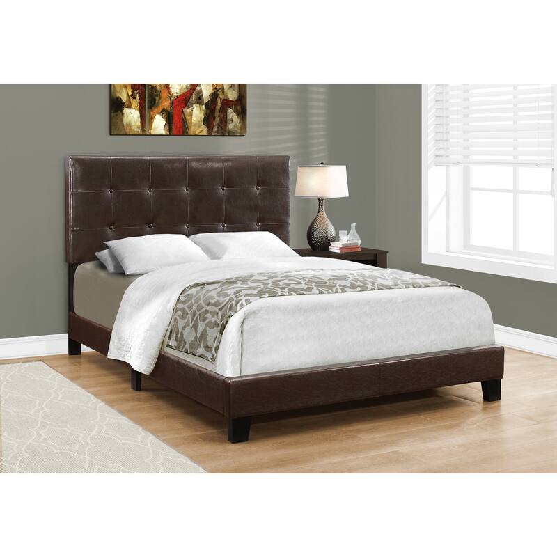 Full Size Upholstered Bed Frame with Brown Leather Look, Tufted Headboard - Brown