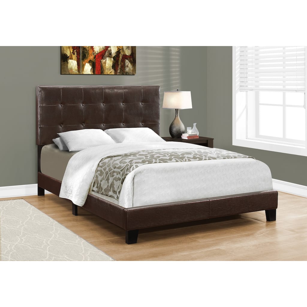 Full Size Upholstered Bed Frame with Brown Leather Look, Tufted Headboard