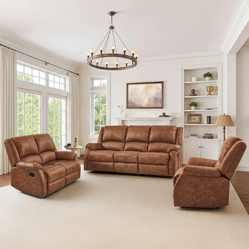 Manual 3-Piece Recliner Sofa Set, Modern Faux Leather Recliner Sofa, 3 Piece Couch Sets For Living Room - light brown