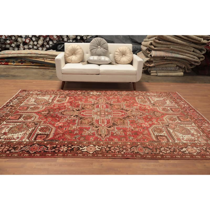 Hand Knotted Oriental 100% Wool Carpet Traditional Medallion Oranges & Rust Heriz Area Rug - 9' 11'' X 7' 2''
