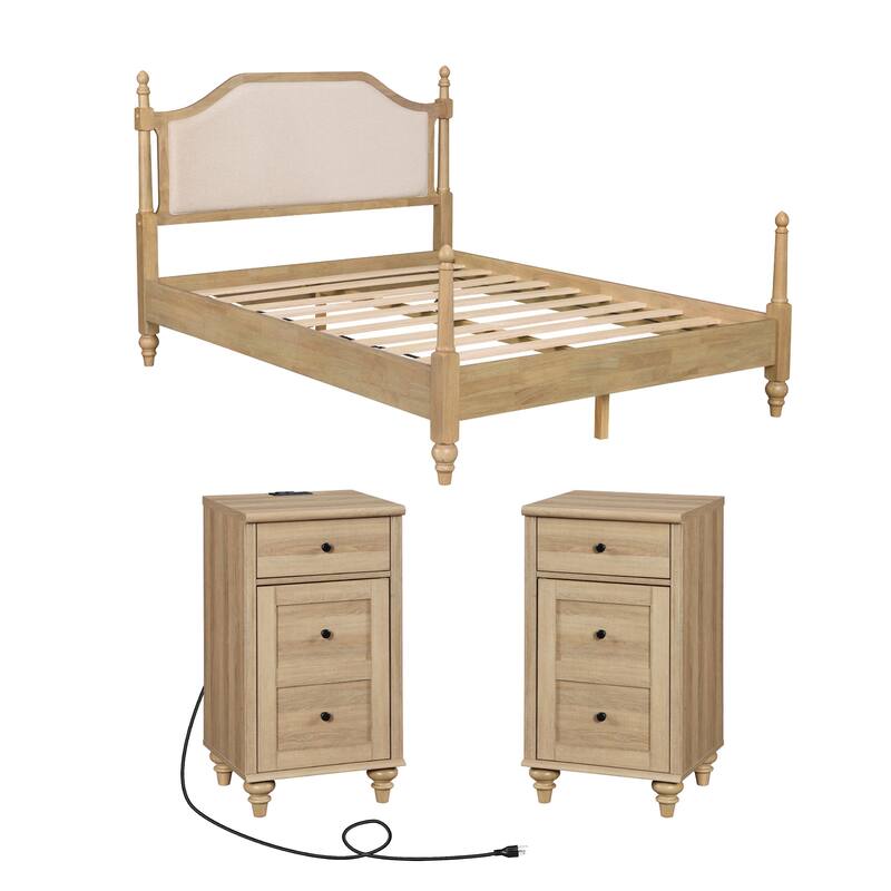 3 Piece Bedroom Set, Queen Size Bed Frame & Set of 2 Nightstands, Oak