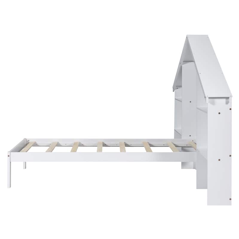Platform Bed with House-Shaped Storage Headboard and Built-In LED