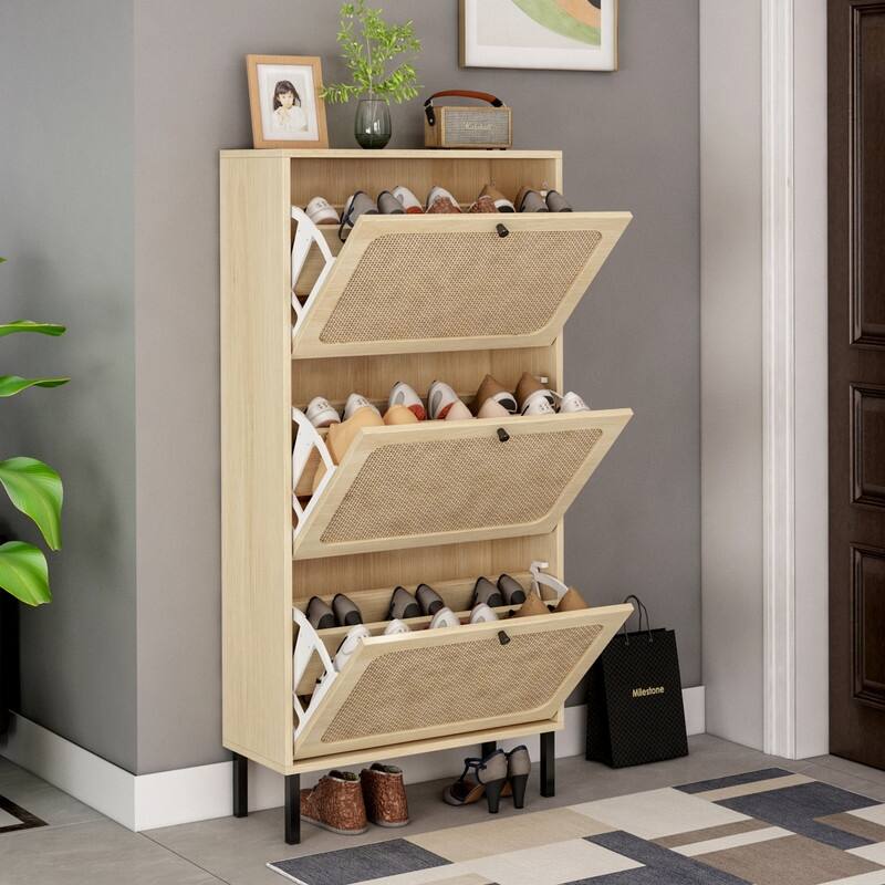 Freestanding Modern Shoe Rack Storage with 3 Natural Rattan Door
