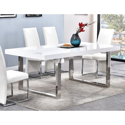Best Master Furniture 79 Inch Rectangular White Gloss Dining Table - Silver