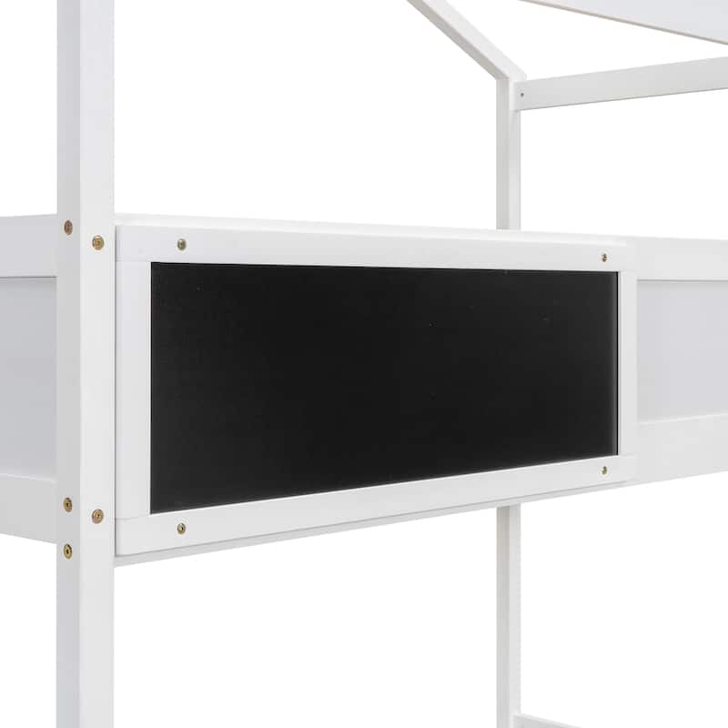 Twin Over Full Bunk Bed with Fun House Design, Storage Stairs, and Blackboard, Ideal for Kids' Rooms
