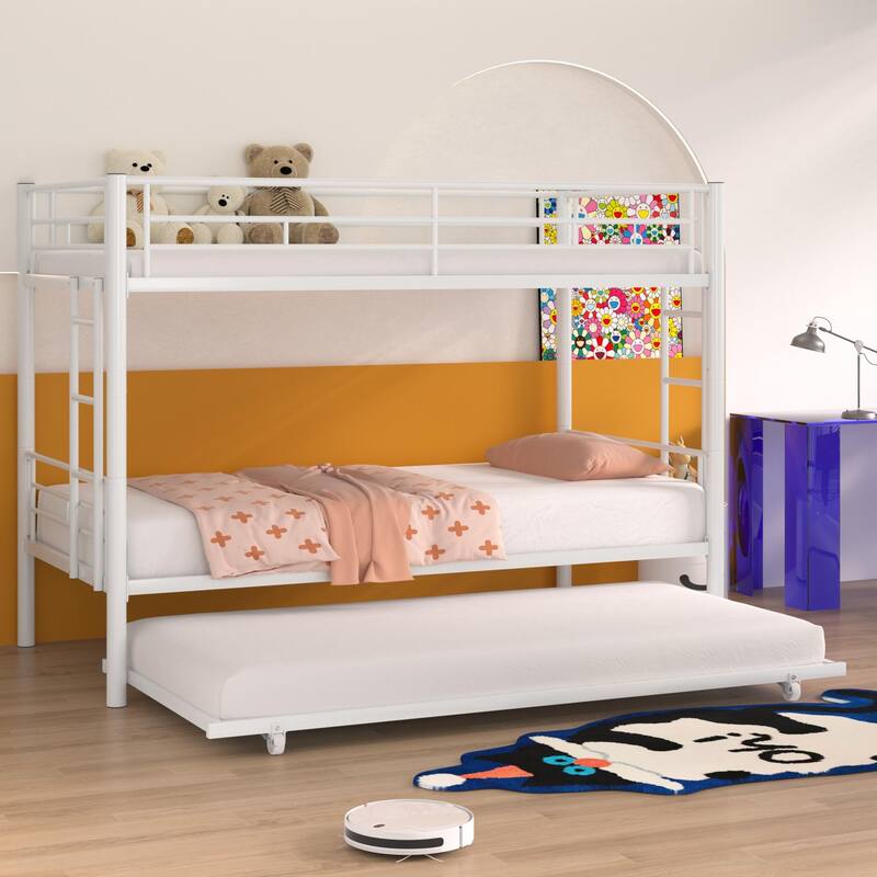 VECELO Twin Over Twin Bunk Bed with Trundle, Metal Bunkbeds with Ladder and Full-Length Guardrail