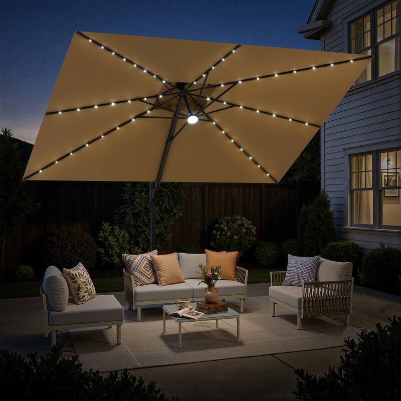 11 FT Square Outdoor Premium Double Top Solar Powered LED Patio Cantilever Umbrella - Tan