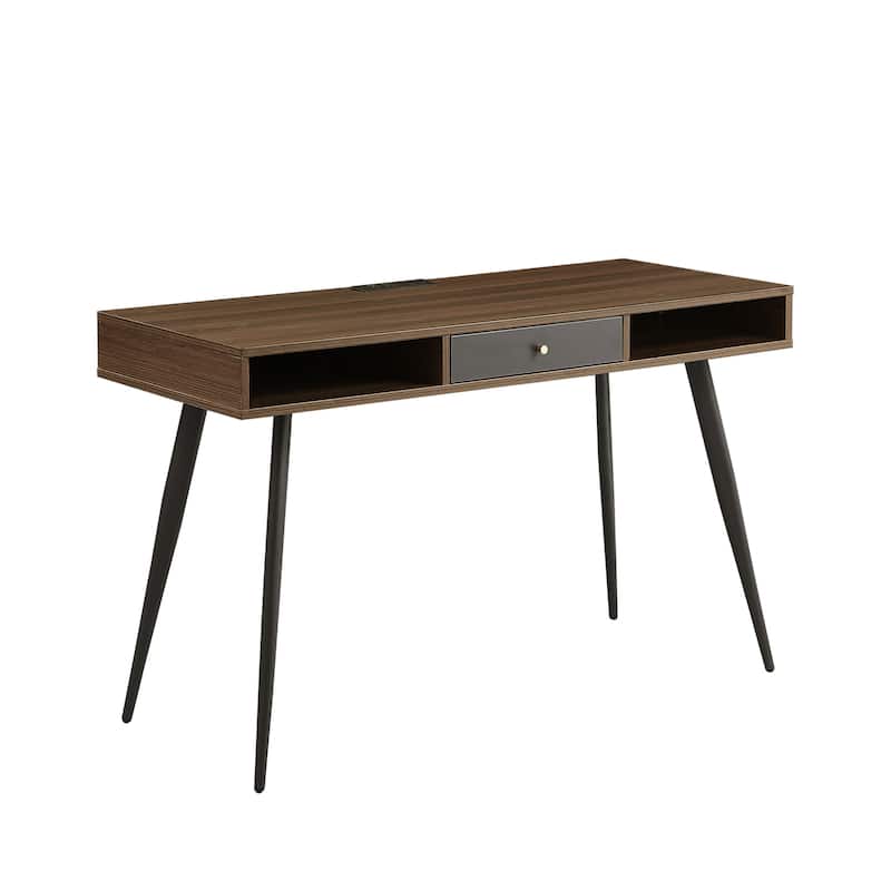 Wooden Desk with USB Ports and Power Outlet, Modern Writing Study Desk with Shelf, Multifunctional Home Office Computer Desk