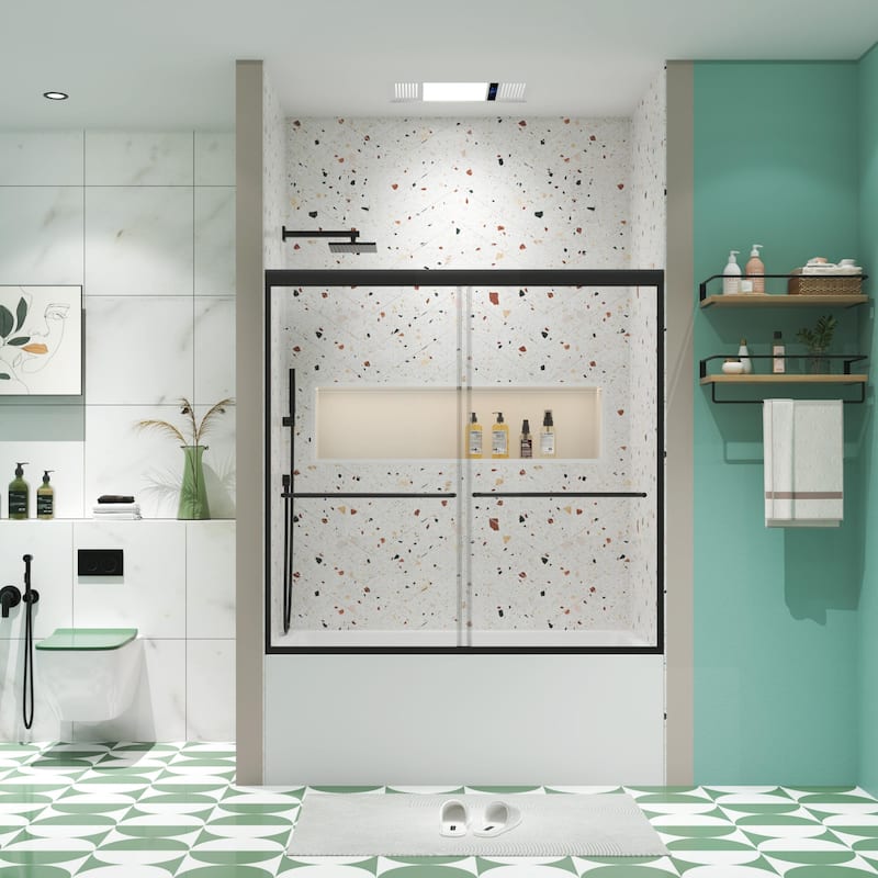 58'' H Glass Double Sliding Shower Door, Bathtub Bypass shower door in Black/Chrome - 60x58 - Matte Black