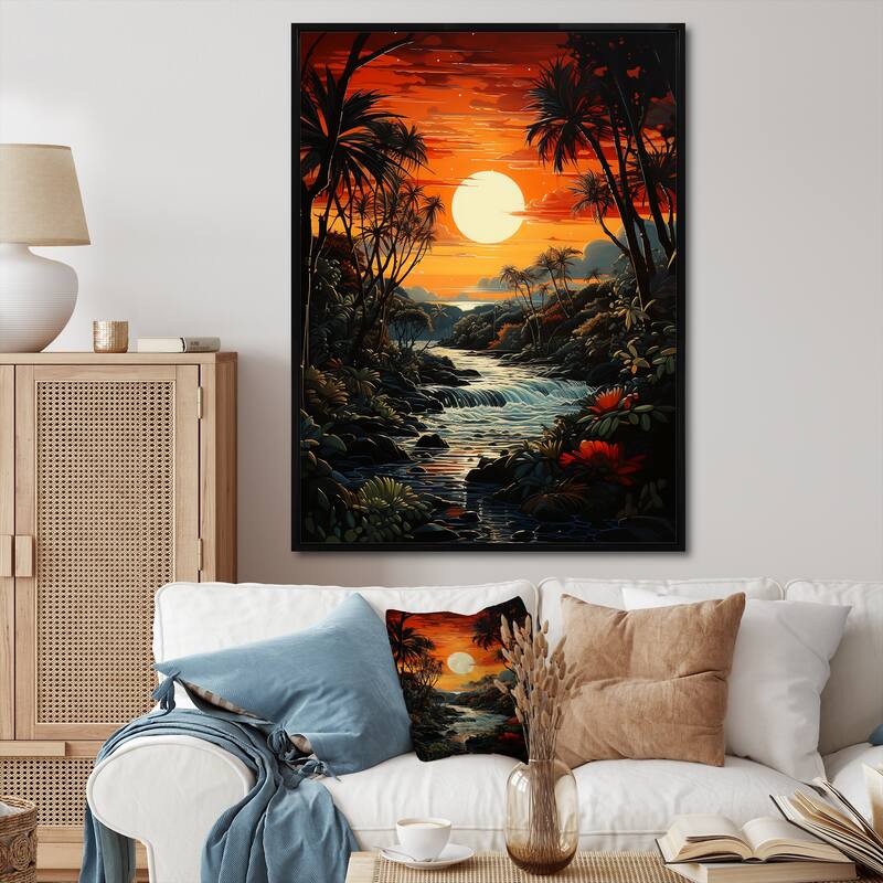Designart "Palm Trees Tropical Pointillism VI" Palms & Palm Trees Framed Canvas Art Print - Black - 24 in. wide x 32 in. high