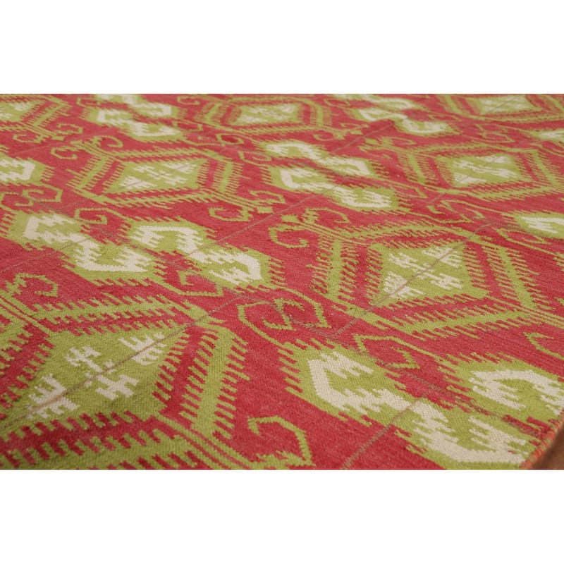 Geometric Kilim Oriental Area Rug Flatweave Pink Wool Carpet - 5'11"x 8'10"