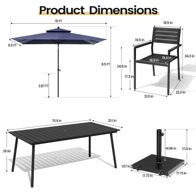 9PC Outdoor Patio Dining Set Aluminum Table with Stackable Armchairs w/ Premium Market Umbrella Sets