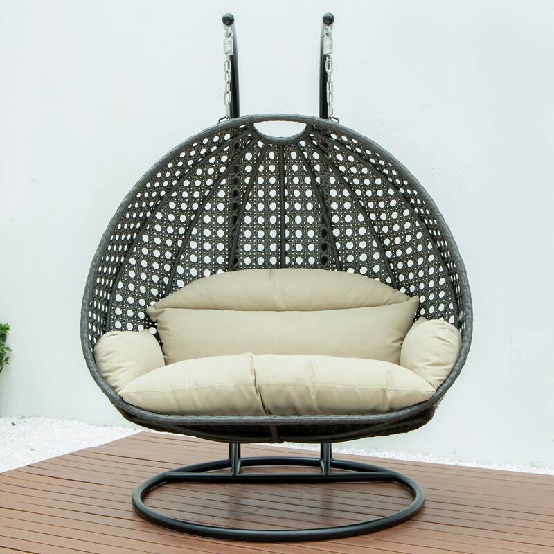 LeisureMod 2-Person Hanging Egg Swing Chair with Metal Stand - Handcrafted Charcoal Wicker, Patio Hammock Lounger with Cushions