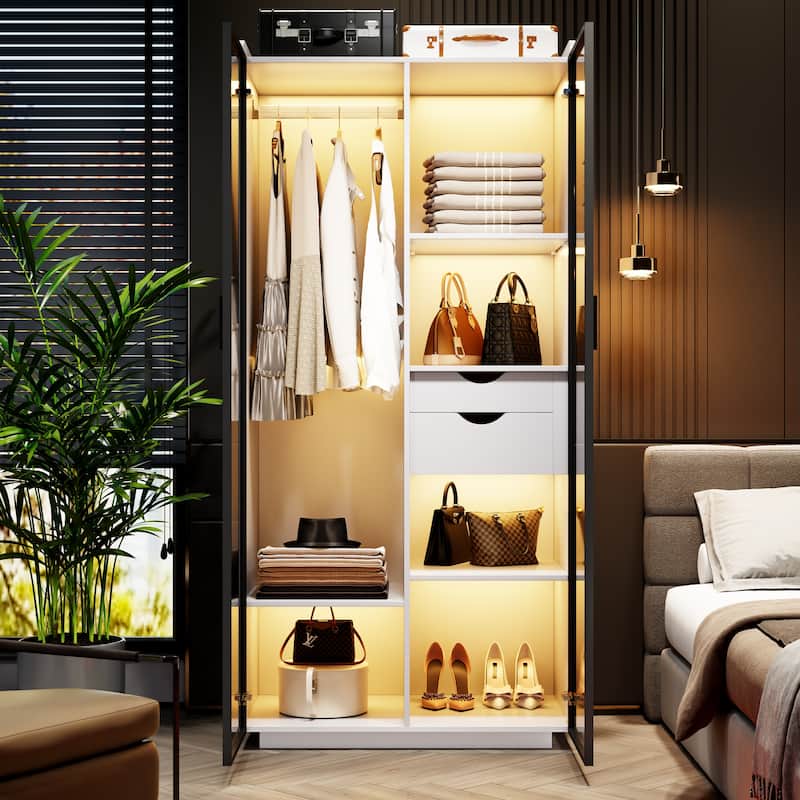 2-Door Wardrobe Armoire with LED Lights - White