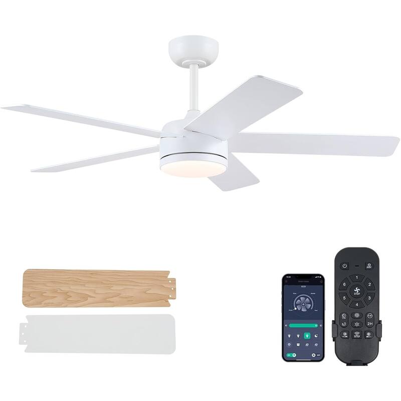 46 Inches Downrod Ceiling Fan with Light and Remote,Quiet DC Motor,Reversible Blades - 46 Inches - White