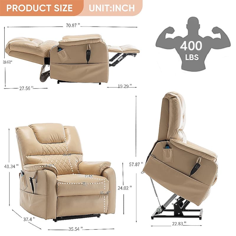 35.5"W Dual Electric Power Lift Recliner,Massage&Heat,180 degrees