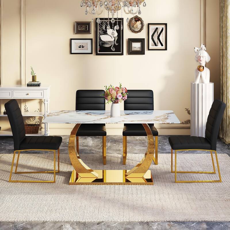 5-Piece Marble Pattern Tempered Glass Dining Set, 63-Inch Table with 4 Minimalist Chairs, Modern Style
