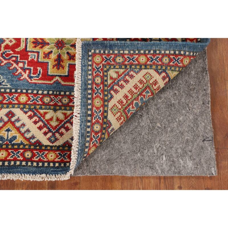 Blue Geometric Kazak Foyer Rug Hand-Knotted Traditional Wool Carpet - 2'10" x 4'1"