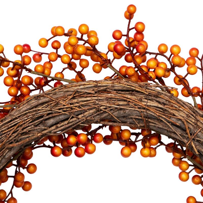 18" Red Orange Berries Artifical Fall Harvest Twig Wreath, 18", Unlit