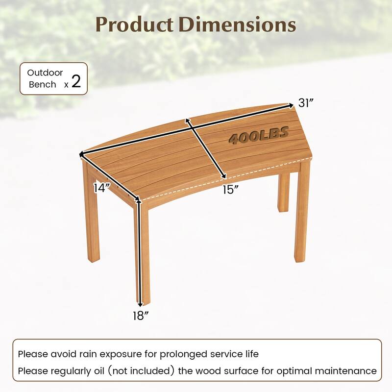 Gymax Outdoor Curved Acacia Wood Bench Set of 2 Patio Garden Backless