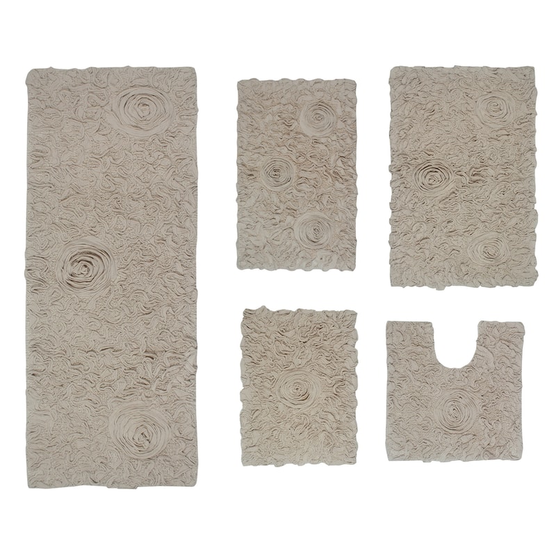 Bell Flower Collection 100% Cotton Non-Slip Bathroom Rug Set, Machine Washable Bath Rug, 5 Piece Bath Mat Set with Runner - Linen