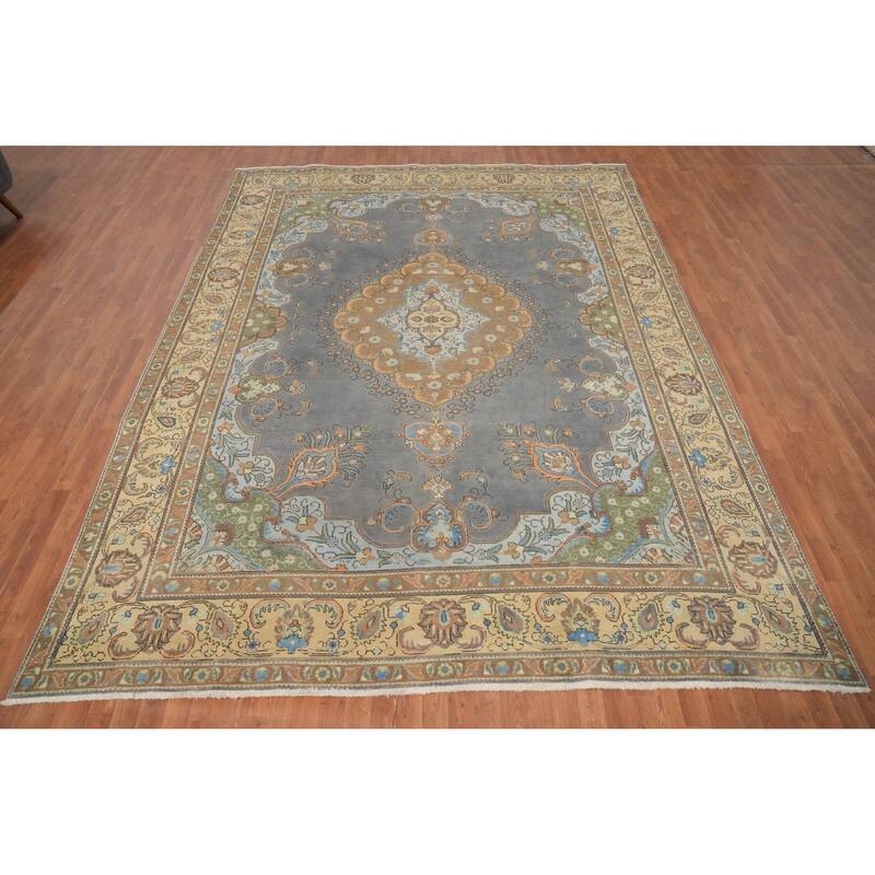 Hand Knotted Oriental 100% Wool Carpet Traditional Floral Greys & Charcoal Tabriz Area Rug - 12' 7'' X 9' 6''